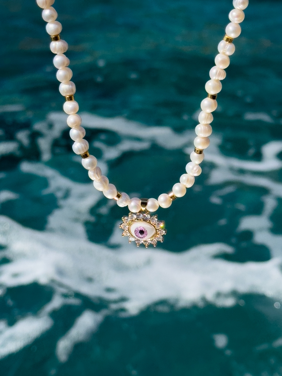 Real Pearls Pink Crystal Eye Kolye