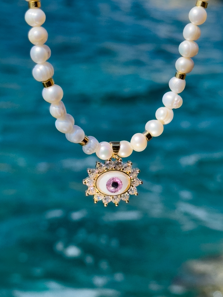 Real Pearls Pink Crystal Eye Kolye